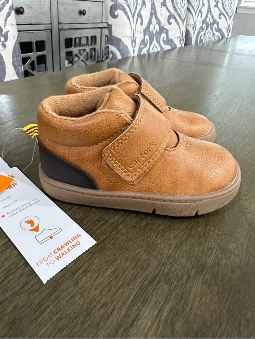 Carter's Tan Faux-Leather Hook & Loop Baby Walker Shoes Size 6